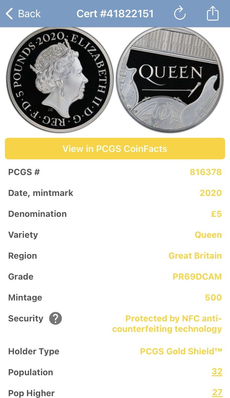 PCGS69鑑定】2オンス銀貨 ミュージック レジェンド クイーン