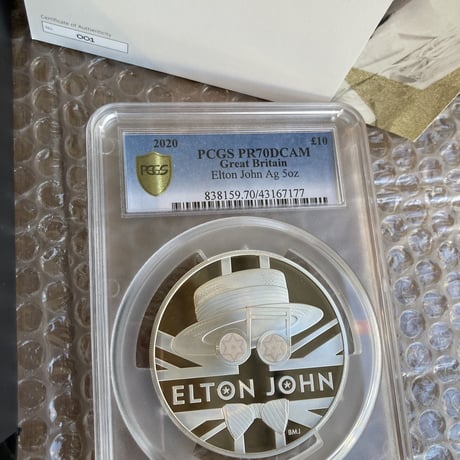 【COA001番&世界で2枚のPCGS70鑑定】エルトンジョン 5オンス 10ポンド銀貨 シルバープルーフコイン 2020年 英国 イギリス造幣局 ロイヤルミント elton john