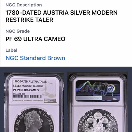 【NGC鑑定PF69UC】プルーフ表記 1780年付 マリアテレジア ターラー銀貨 オーストリア リストライク版 シルバー アンティークコイン モダンコイン ターレル taler thaler