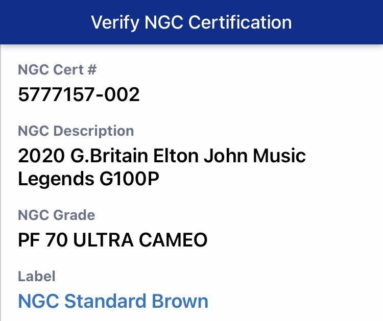 NGC鑑定PF70UC】エルトン・ジョン 1オンス金貨 100ポンド