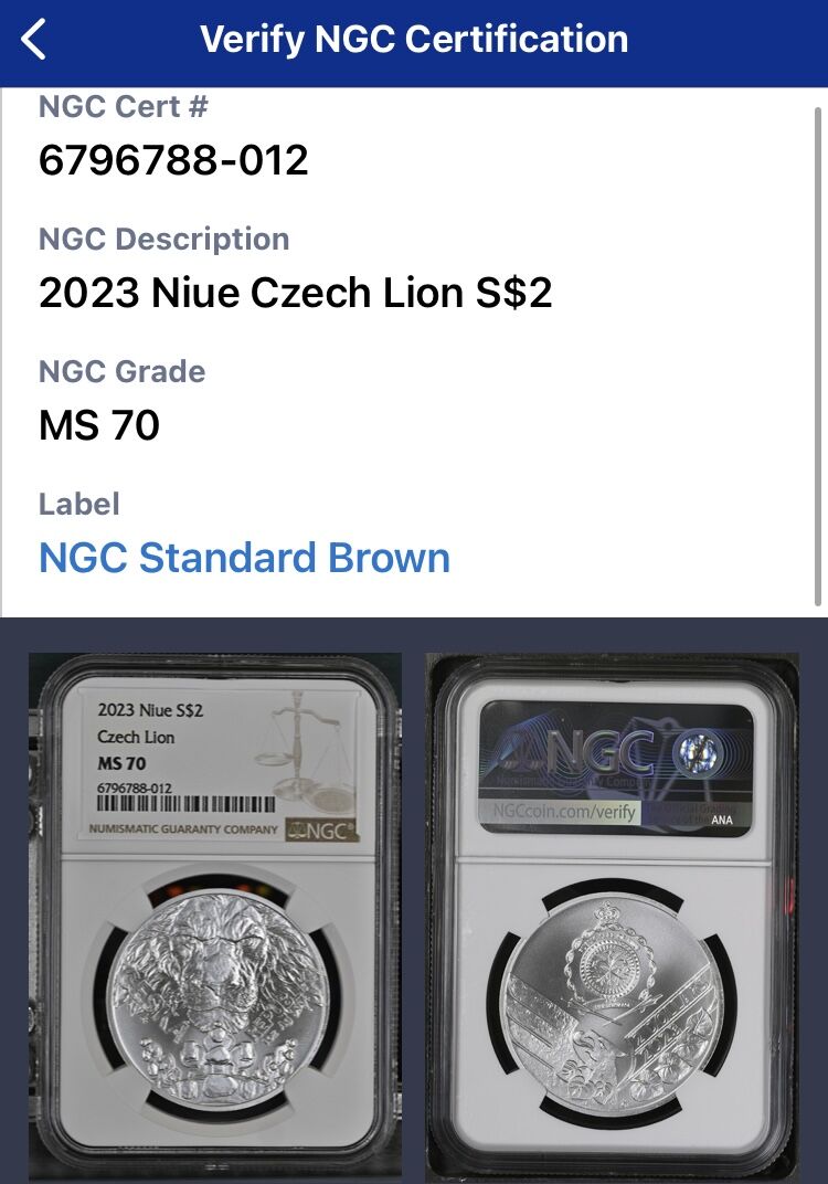 最新2023年のNGC鑑定MS70】ニウエ チェコのライオン ボヘミア 1オンス