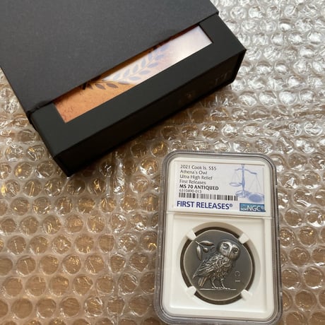 【NGC70鑑定+FR】アテネのフクロウ $5・1オンス  ハイレリーフ銀貨 クック諸島 アンティーク仕上げ シルバーコイン テトラドラクマ ATHENA’S OWL COOK