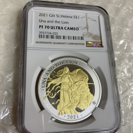 【NGC70鑑定】Gilt･GOLD PLATE版 ウナとライオン 2021 セントヘレナ 1オンス銀貨 金メッキ シルバー プルーフコイン Una Lion