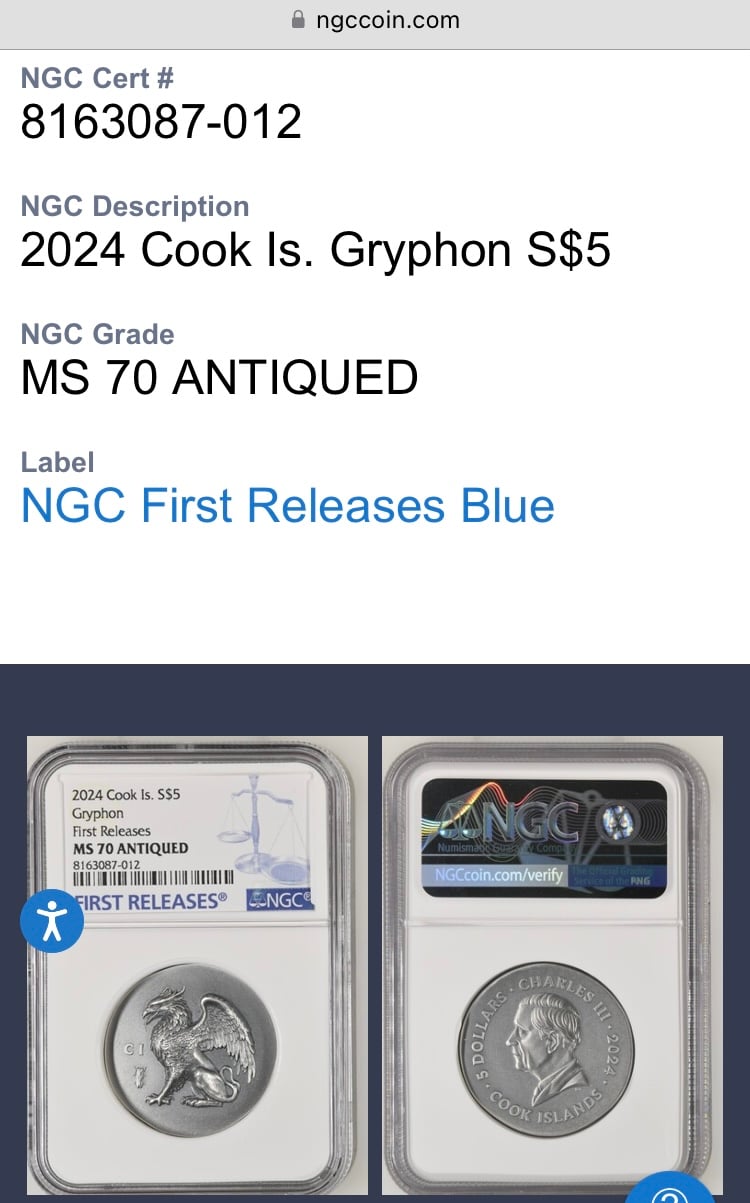 NGC鑑定MS70+FR クック諸島 2024年 グリフィン グリフォン 銀貨