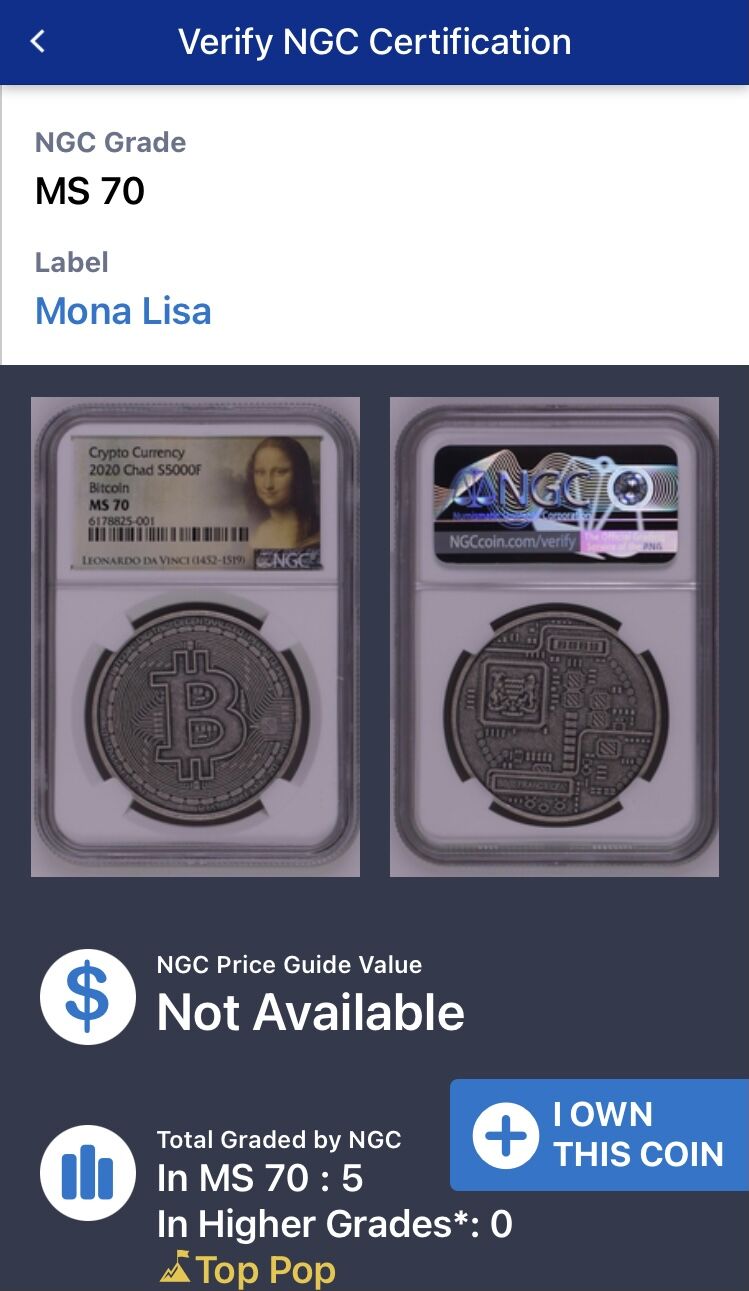 NGC最高鑑定MS70 ビットコイン Bitcoin チャド共和国 CFAフラン