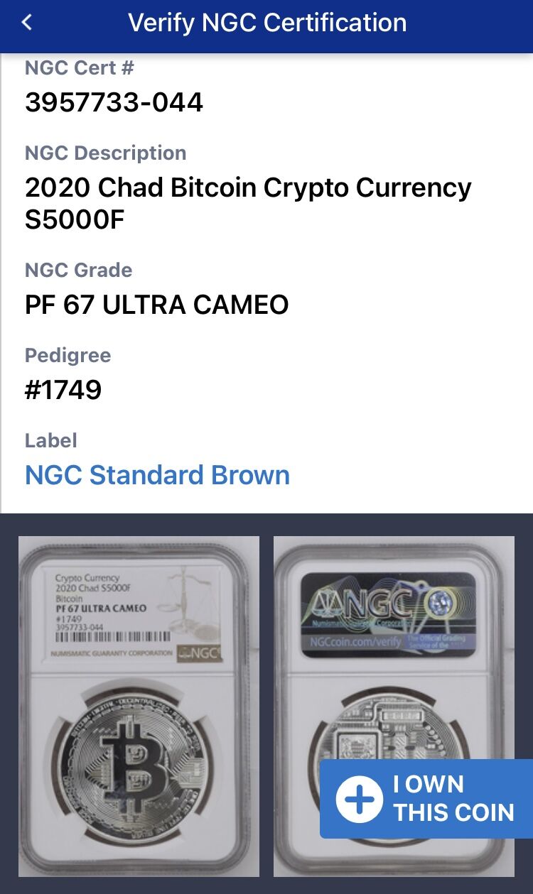 本物　保証書有　銀貨　ビットコイン　BTC 純銀　銀コイン NGC鑑定・PF67】ビットコイン チャド共和国 CFAフラン 1オンス