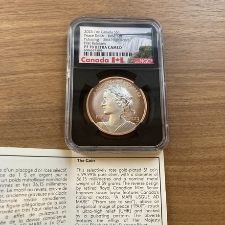 NGC70鑑定 カナダ 2023 ウルトラハイレリーフ銀貨 Gilt ローズゴールドカラー版・メッキ仕様 1オンスプルーフコイン canada UHR