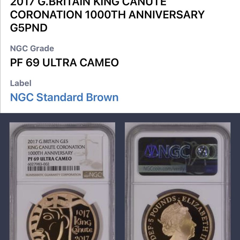 NGC・PF69UC】2017 キングクヌート 戴冠1000周年 5ポンド金貨 ゴールド