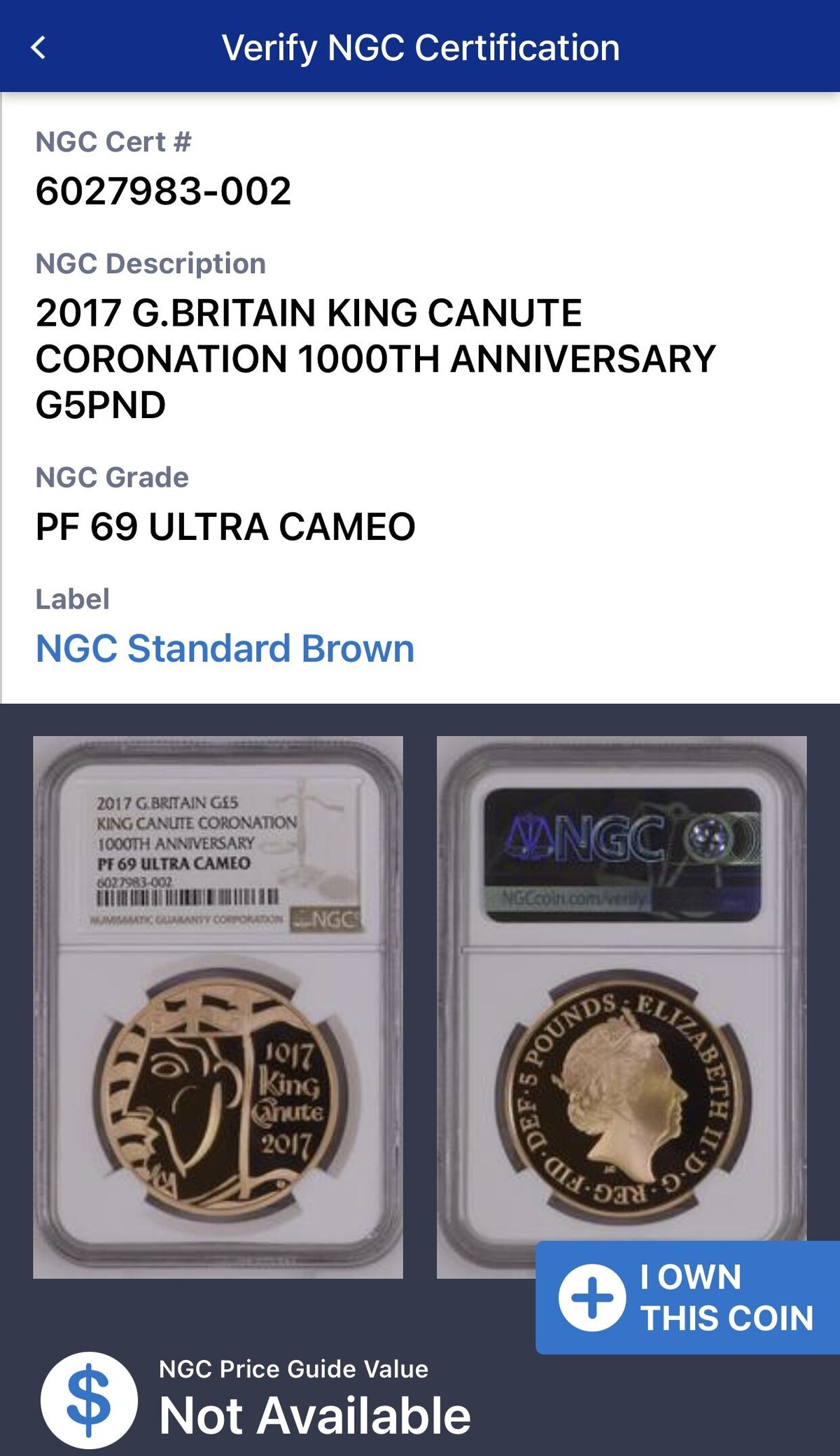NGC・PF69UC】2017 キングクヌート 戴冠1000周年 5ポンド金貨 ゴールド