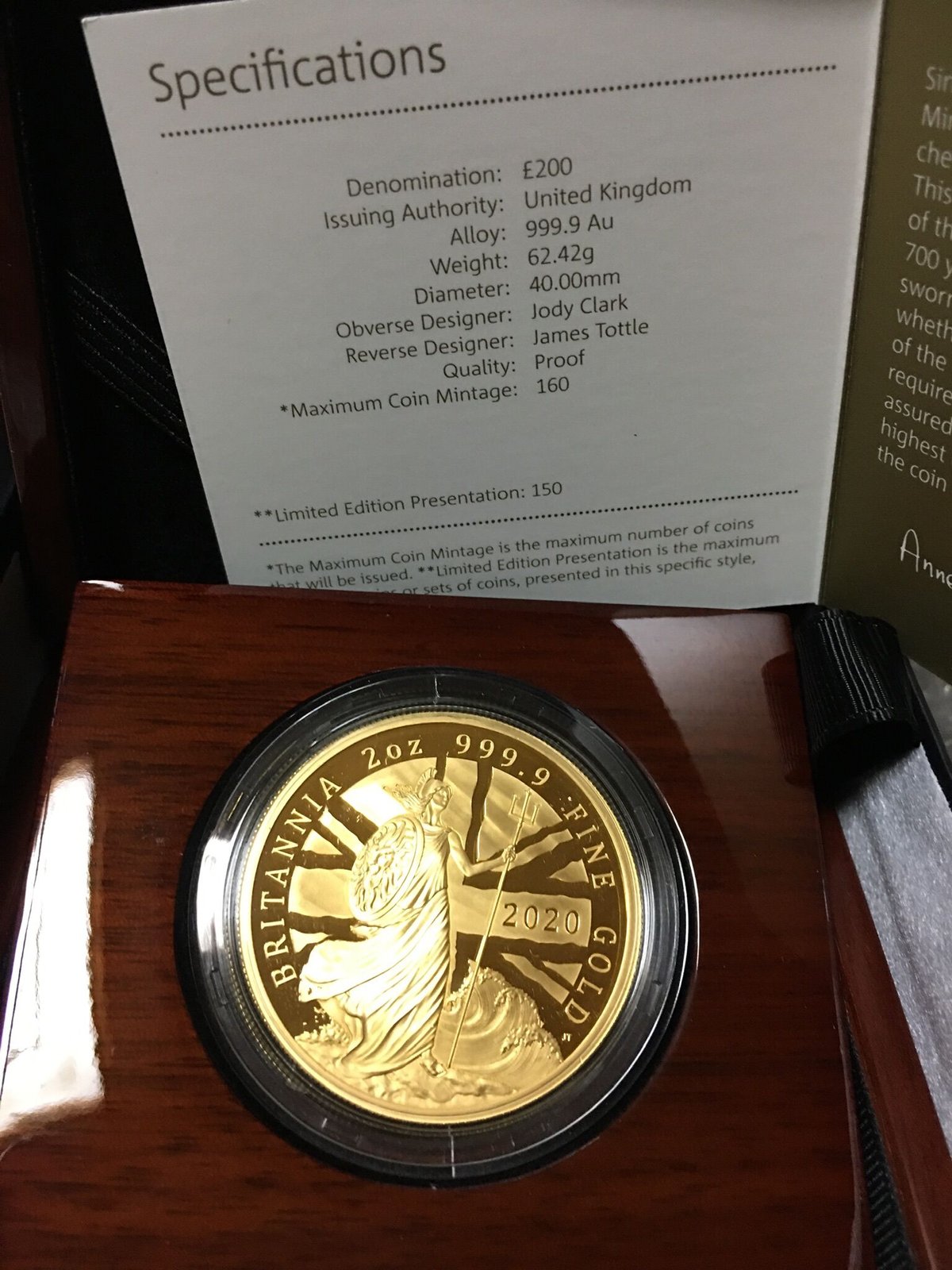 2020年 イギリス ブリタニア プルーフ金貨 BOX ＆ COA 元箱 証明書 2020年 イギリス ブリタニア プルーフ金貨 BOX ＆ COA 元箱 証明