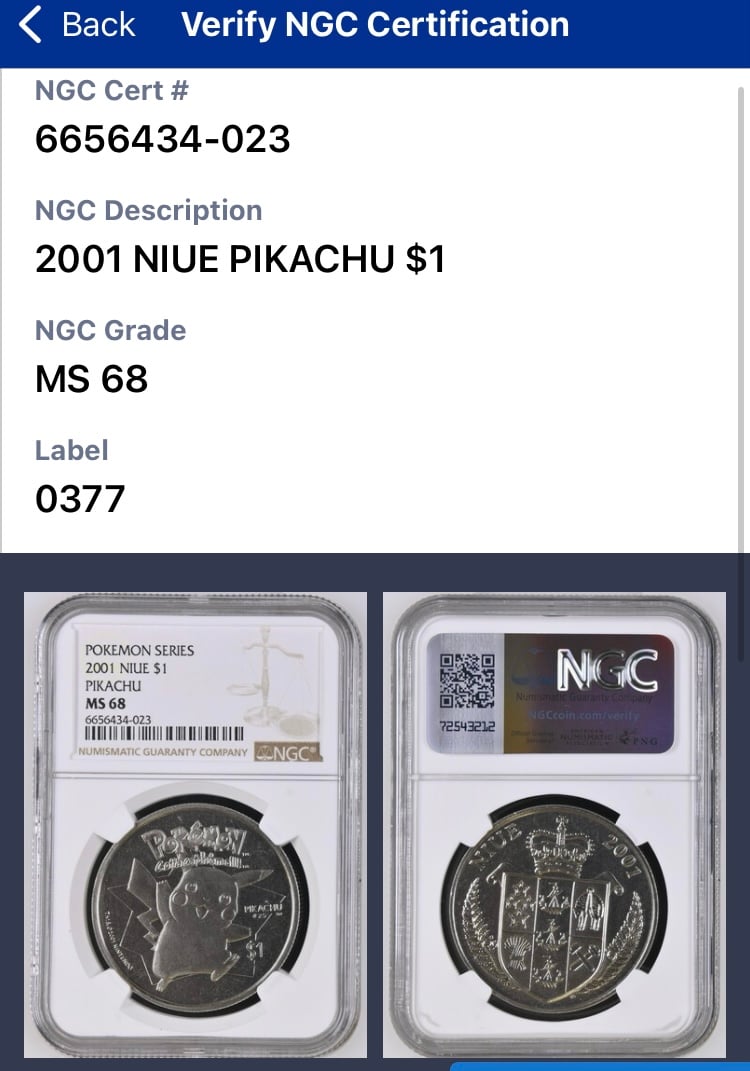 NGC鑑定MS68 ニウエ 2001年 ポケモン ピカチュウ 1ドル ニッケル硬貨