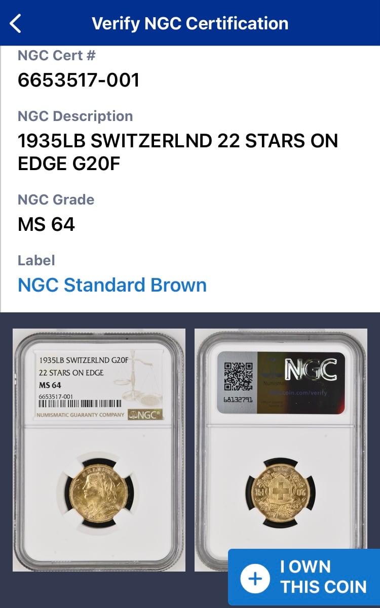 22STARS版 1935年LB スイス 20フラン金貨 ゴールド アルプスの少女