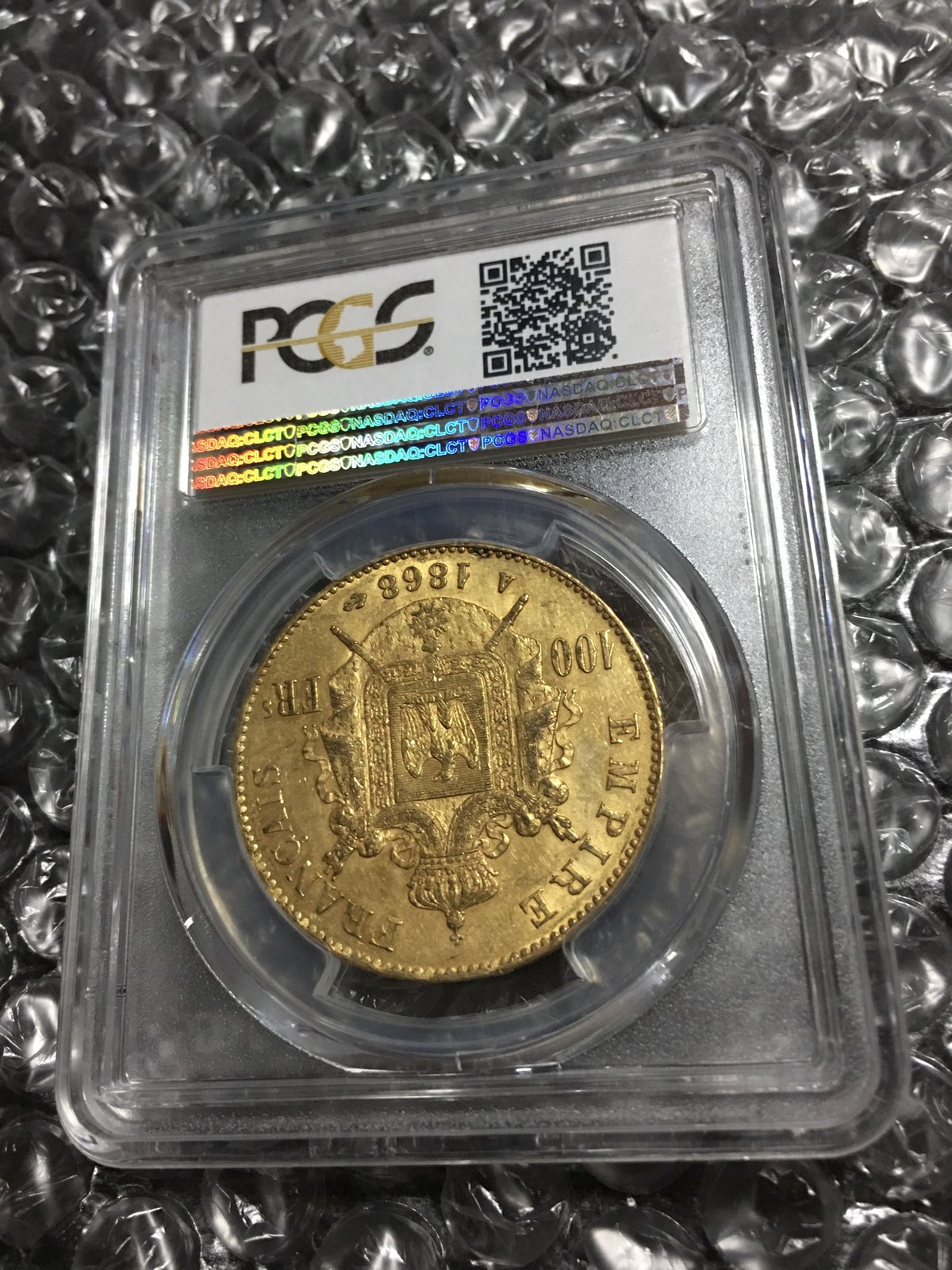 【希少年号】1868A PCGS鑑定 MS62 100 Francs gold coin ナポレオン3世 100フラン金貨 有冠 月桂樹 ゴールド  フランス パリ