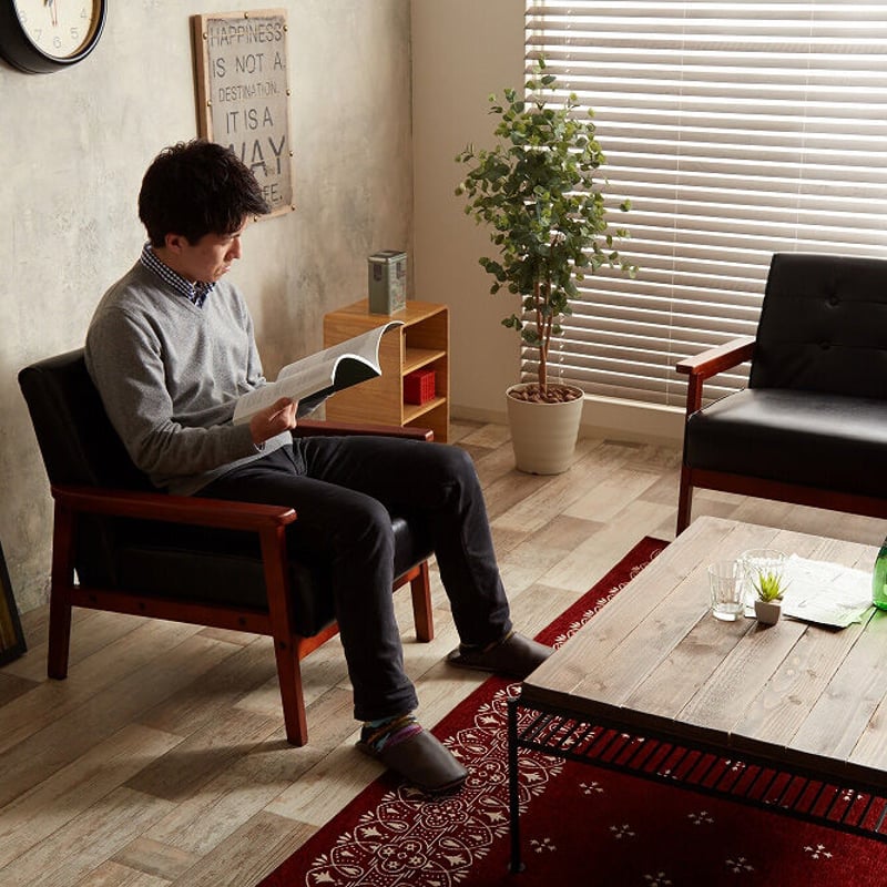 1人掛け ヴィンテージ調レトロ風ソファー 〈レザー×ウッドフレーム