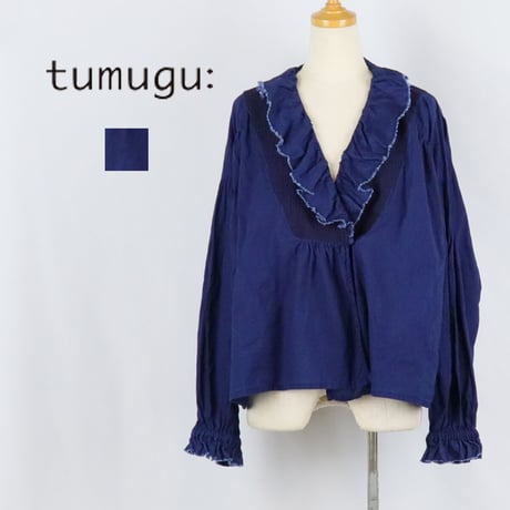 tumugu; ツムグ インディゴ刺し子フリルブラウス
