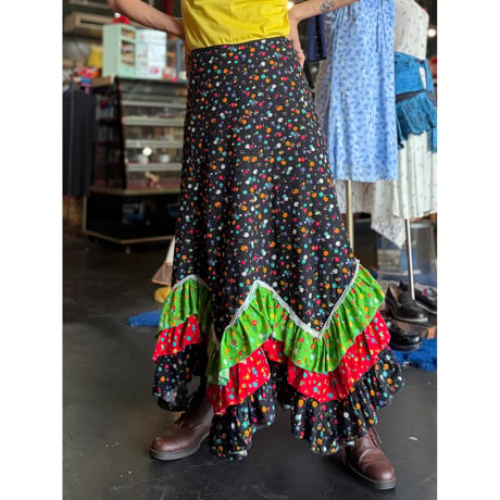 70’S FLOWER FRILL LONG SKIRT [S-4362]