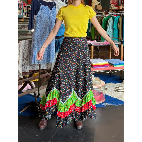 70’S FLOWER FRILL LONG SKIRT [S-4362]