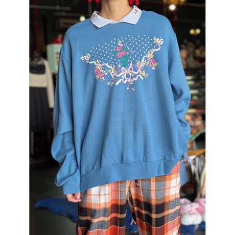 90’S  FLOWER×RIBBON COLLAR SWEAT [S-0499]
