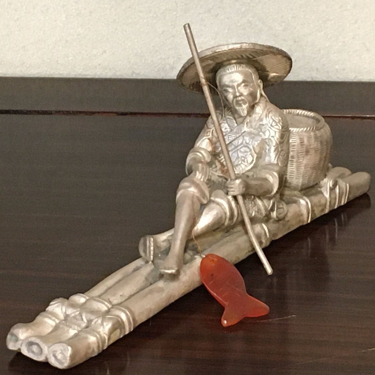 真鍮製鍍銀太公望釣魚像 | 古門堂