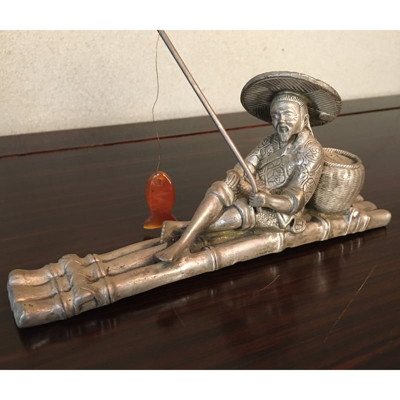 真鍮製鍍銀太公望釣魚像 | 古門堂