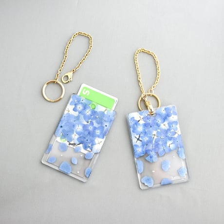 押し花カード入れ　ＩＣカード/社員証等　あじさい-水色