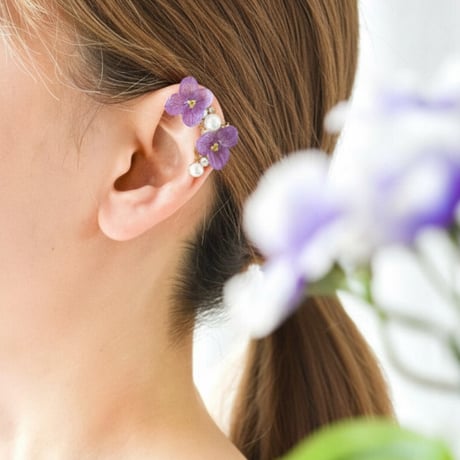 あじさいイヤーカフ＋イヤリング（藤色）