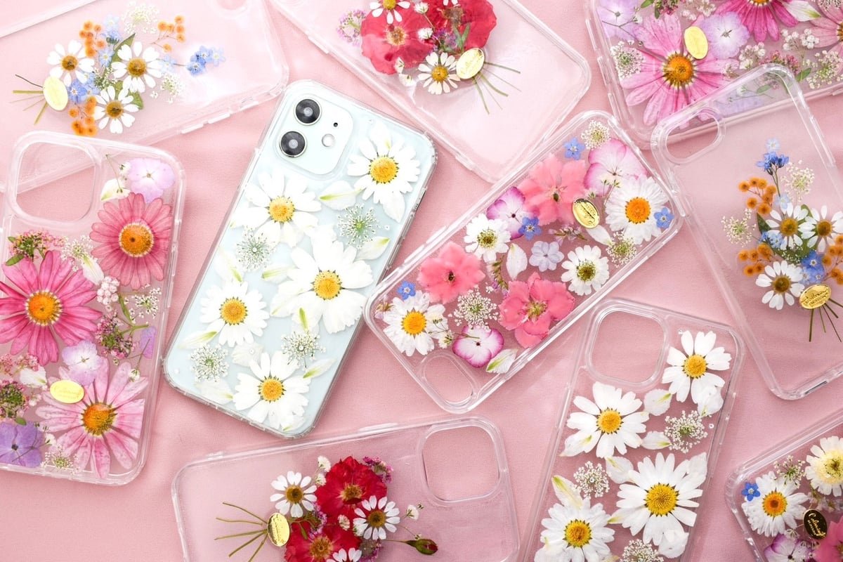 ハンドメイド展示 スマホリング 付き 押し花iphoneケース/押し花 薔薇  