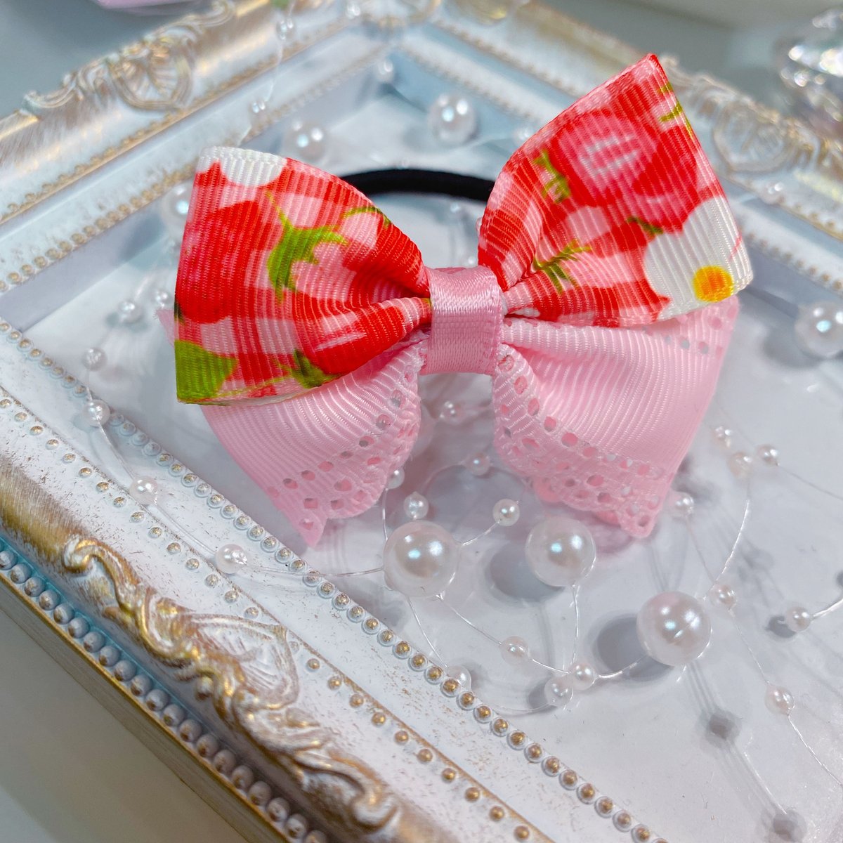 キッズ ベビー ツインヘアゴム ものたりな リボン イチゴ ピンク 