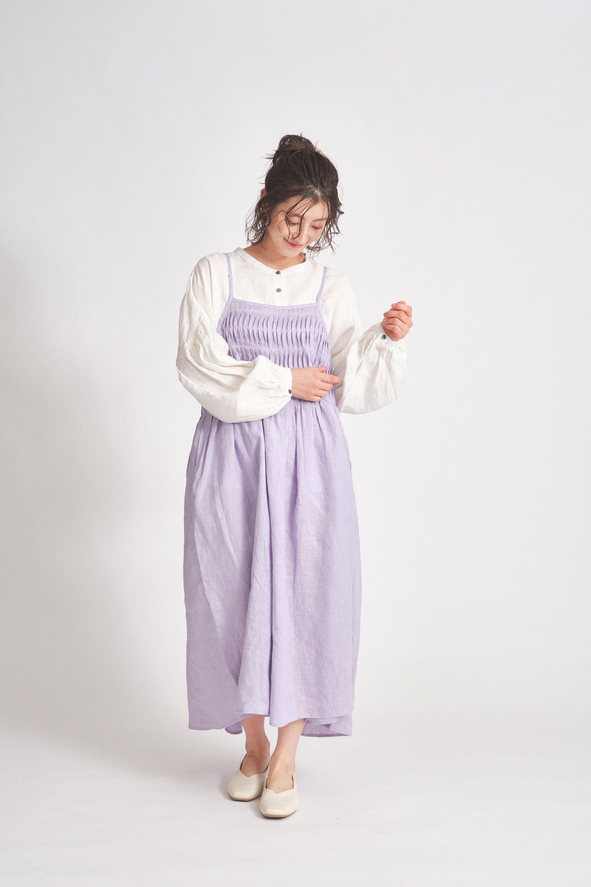 １０倍がゆ　あんぶれあ 後ギャザーのふんわりチュニックワンピ リネン変形ピンタックギャザーキャミワンピース ub27-0828 | ubasoku