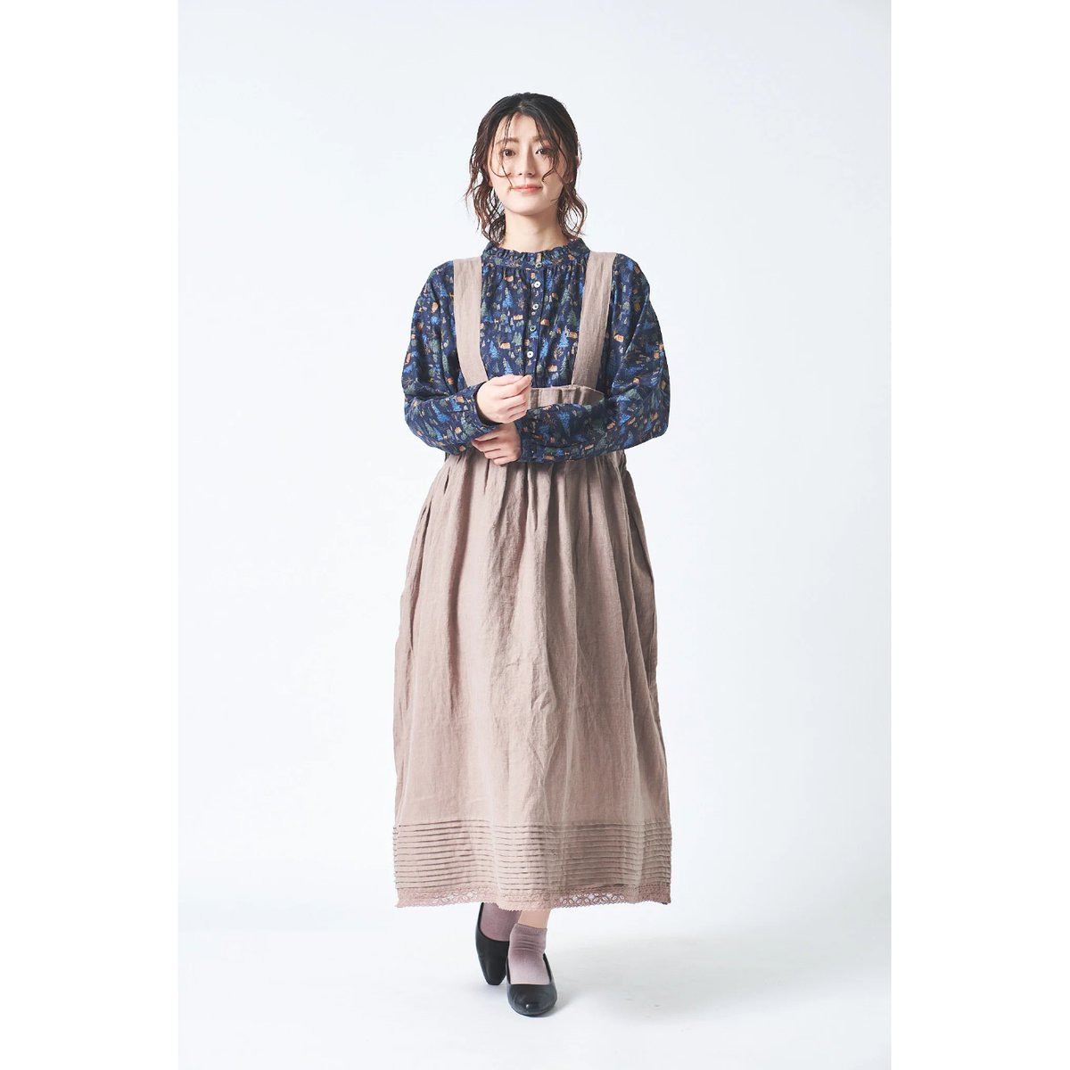 リネン ブラッシュツイル裾ピンタック＆レース加工ウエストボックス