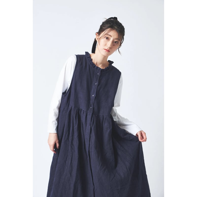 リネン ブラッシュツイル襟フリル途中比翼ウエストギャザー両サイド