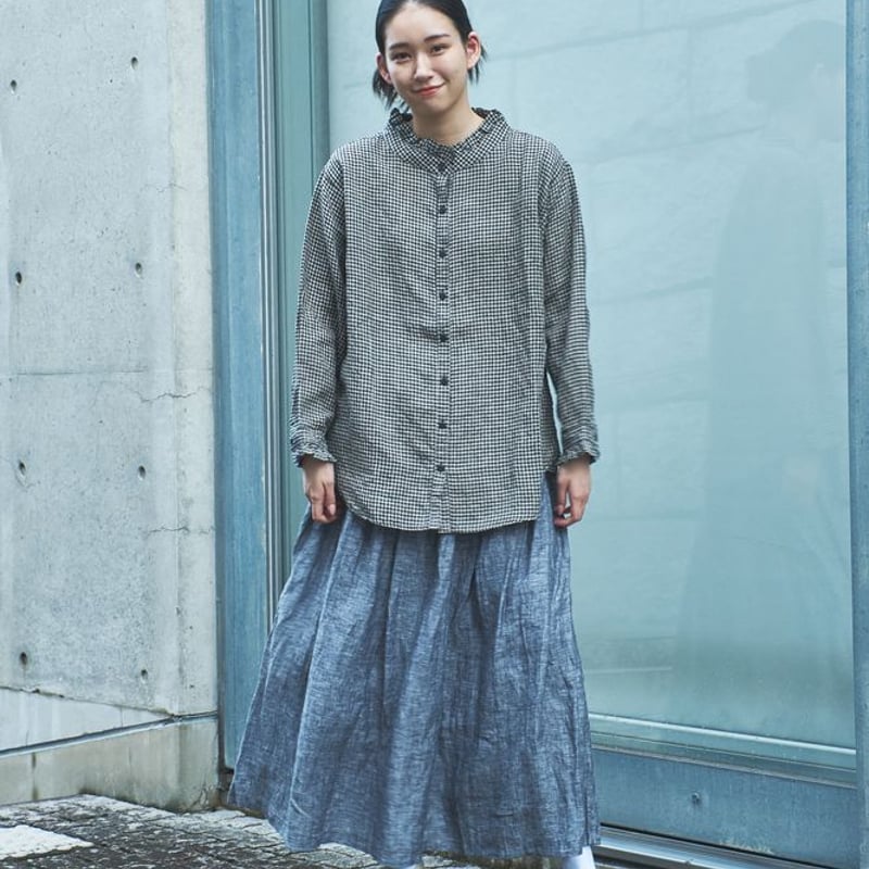 リネン柄衿・袖口 フリルブラウス＜再販＞○ub-0013 | ubasoku