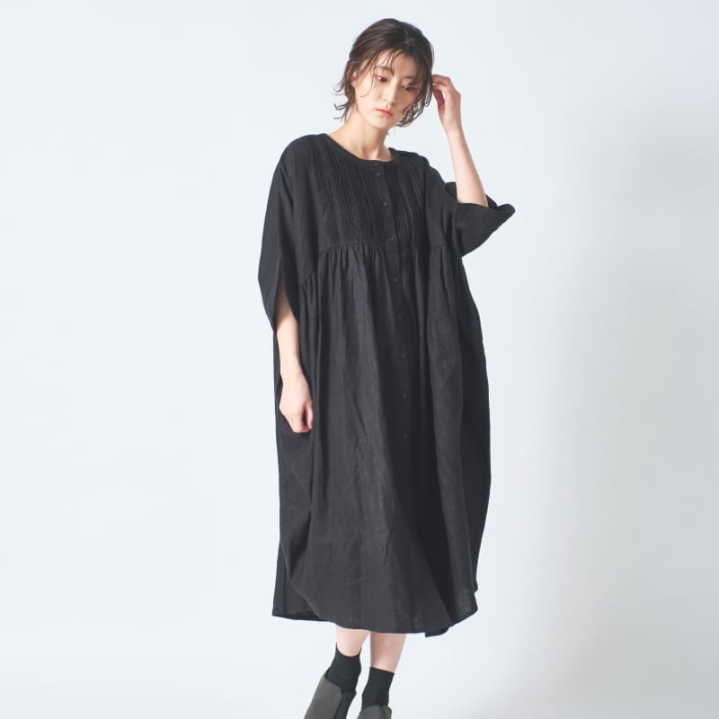 リネン 胸元多数ピンタック コクーン半袖2wayワンピース ub27-0947