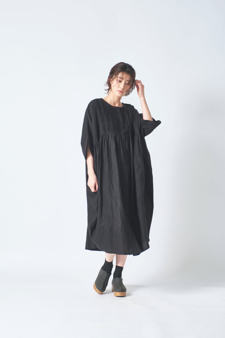 リネン 胸元多数ピンタック コクーン半袖2wayワンピース ub27-0947