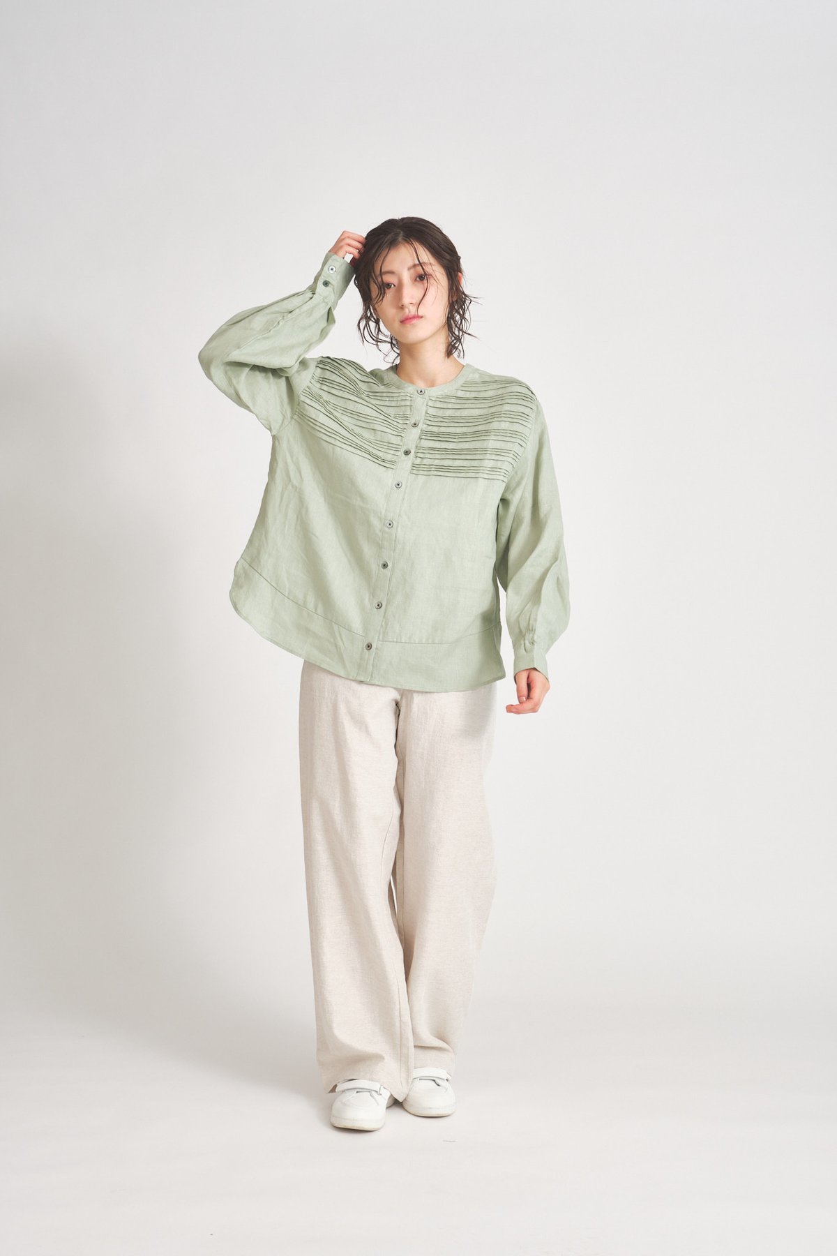 BOGNER ボグナー リネン ブラウス シャツ 定価10万 リネン 胸元ボーダーピンタック本貝釦2WAYブラウス ub27-0810 | ubasoku