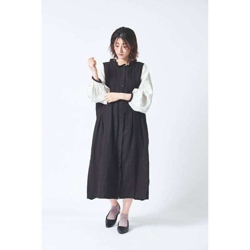 リネン ブラッシュツイル襟フリル途中比翼ウエストギャザー両サイド