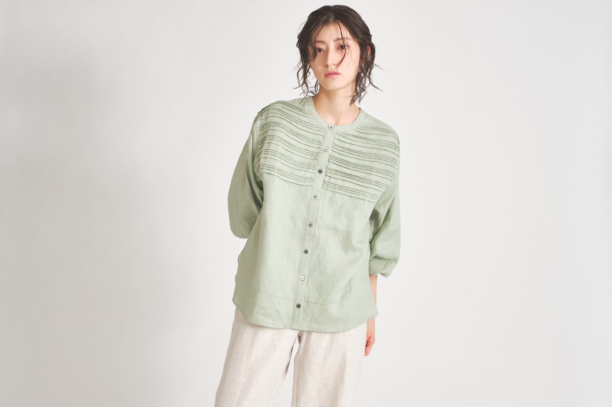 BOGNER ボグナー リネン ブラウス シャツ 定価10万 リネン 胸元ボーダーピンタック本貝釦2WAYブラウス ub27-0810 | ubasoku