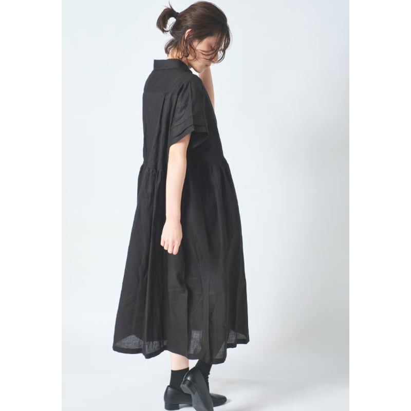 リネン小衿胸切替ギャザー比翼前開二枚袖半袖ワンピース ub27-0958