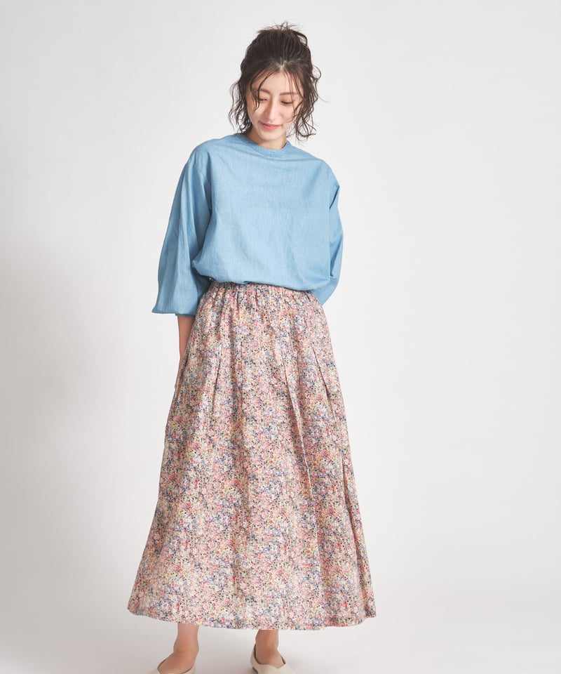 コットン スプラッシュペイント 裏地付タックギャザースカート