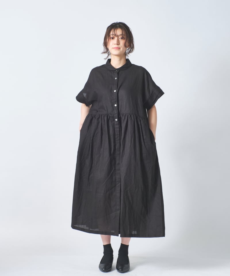リネン小衿胸切替ギャザー比翼前開二枚袖半袖ワンピース ub27