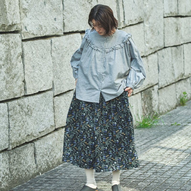 コーディロイ 総柄プリント 83丈裏付きタックギャザースカート ○ub21