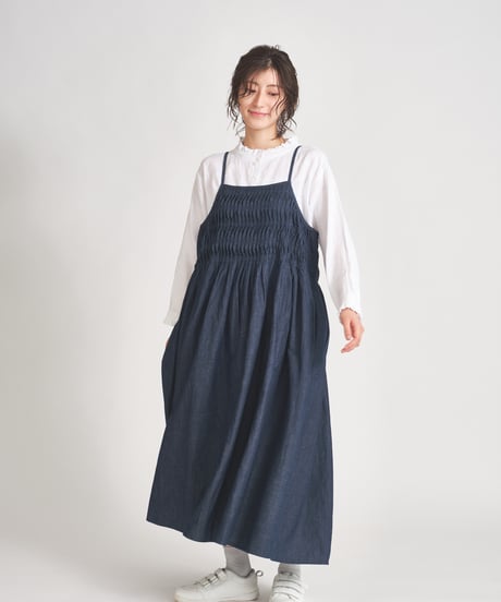 美品 ubasoku バンドカラーパフ袖スコッチ釦ワンピース インディゴデニム ubasoku ウバソク デニムワンピース インディゴ デニム バンド