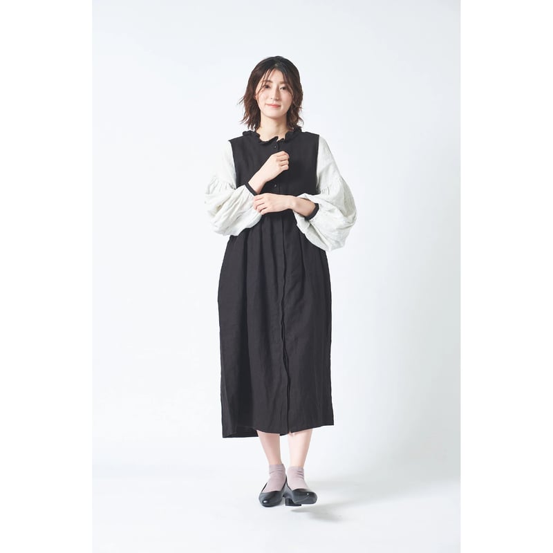 リネン ブラッシュツイル襟フリル途中比翼ウエストギャザー両サイド