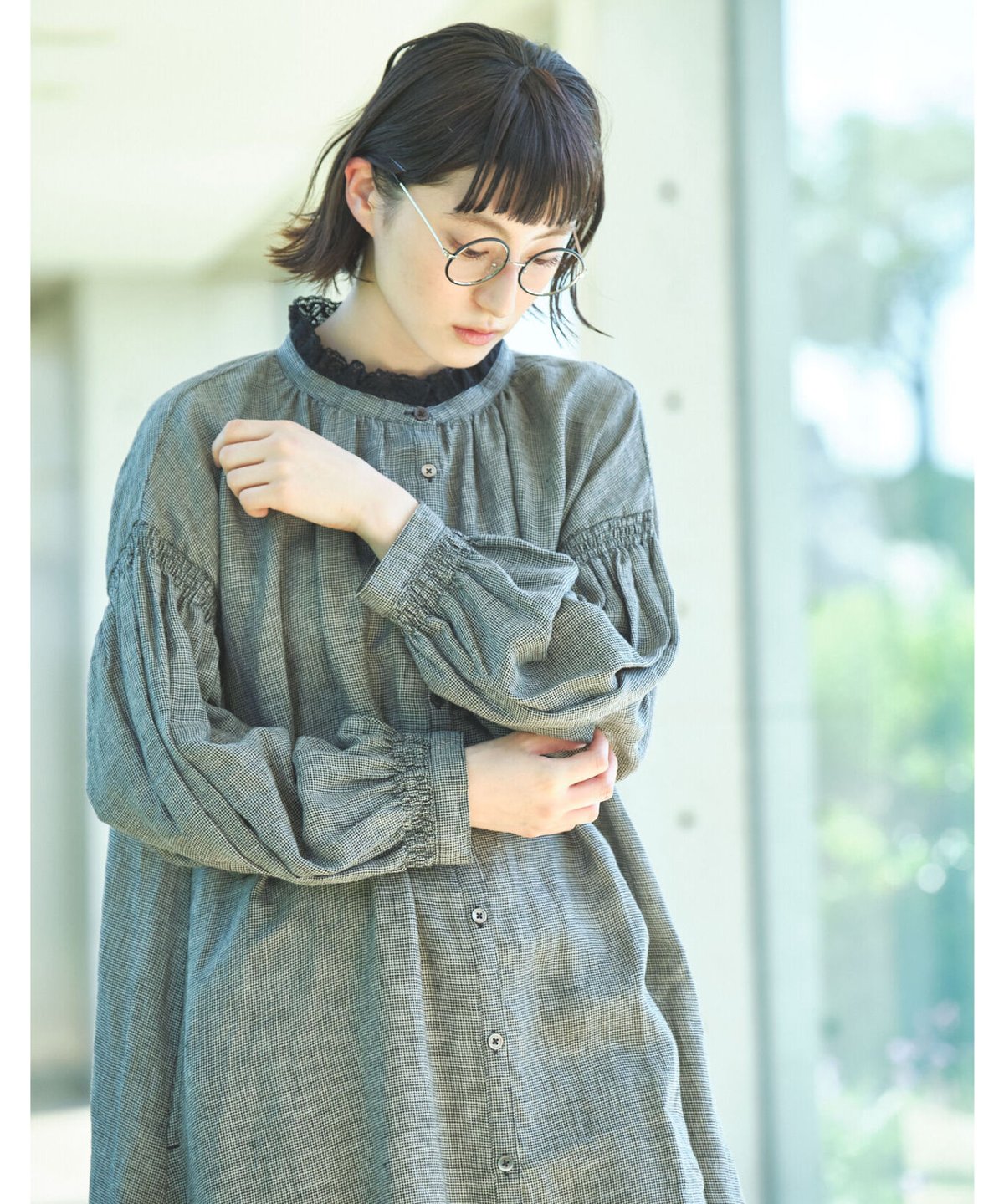 新品 GEORGE KEBURIA レース衿 リネン ワンピース ブラウス S