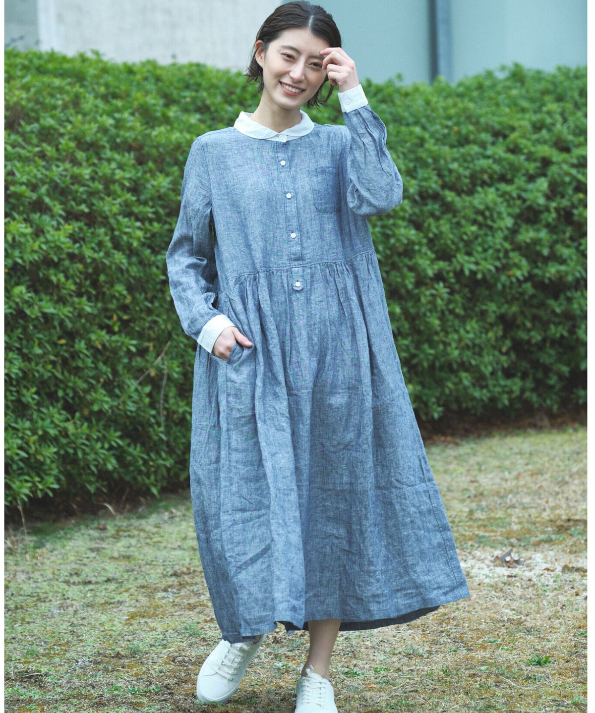 リネン シャンブレー 小衿ウエストギャザーワンピース ○ub 21-0317