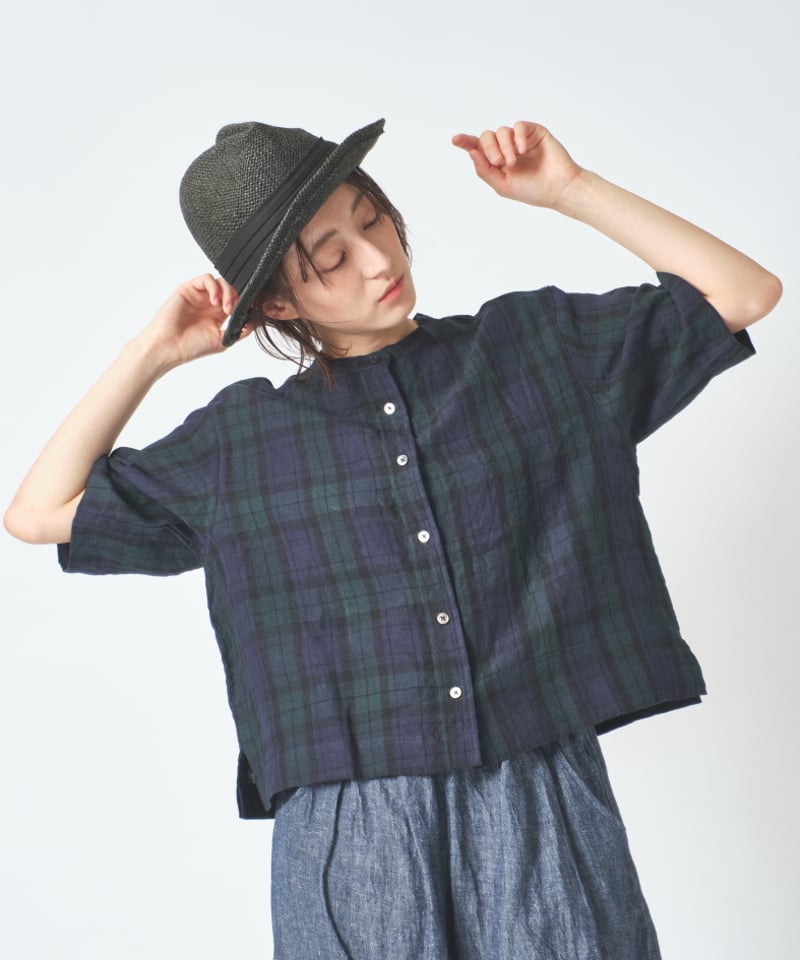 【美品】nop de nod リネンチェックブラウス 半袖 ブラック nop de nod リネンチェックブラウス 半袖 ブラック