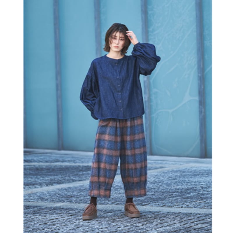 リネンコットン インディゴデニム6.8オンス バルーン袖長袖ブラウス