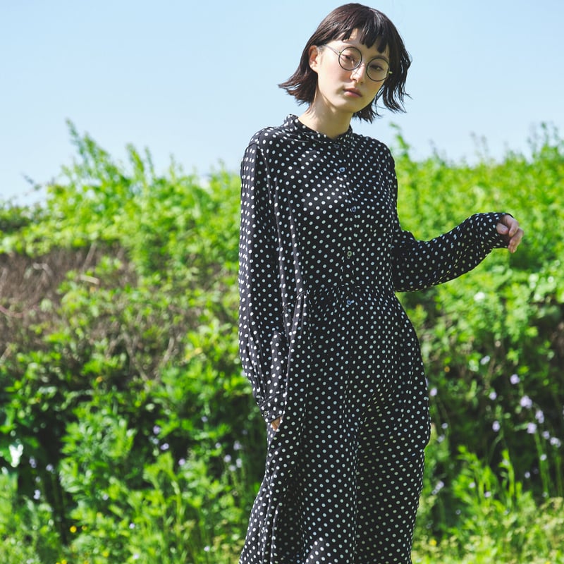 ポールカ　ドット柄ワンピース ドット柄バンドカラーかぶりウエストギャザー長袖ワンピース ○ub21