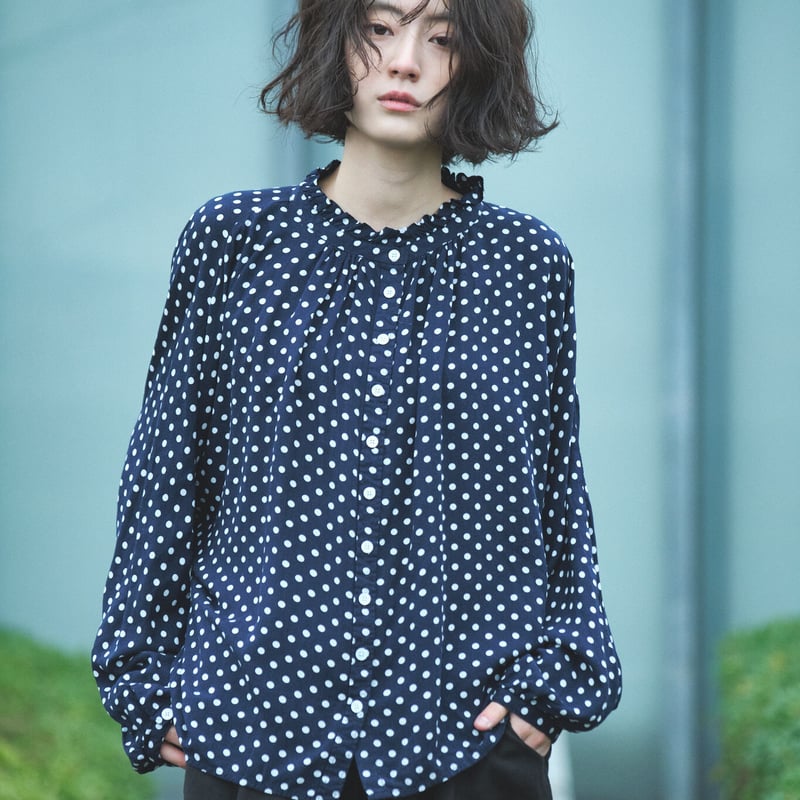 サカイ sacai ポルカドットフリルブラウス リボンタイボタンネイビー