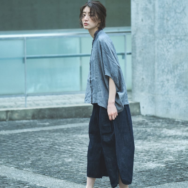 麻綿インディゴデニム 裾変形ラウンド型 ボールパンツ ○ub21-0308